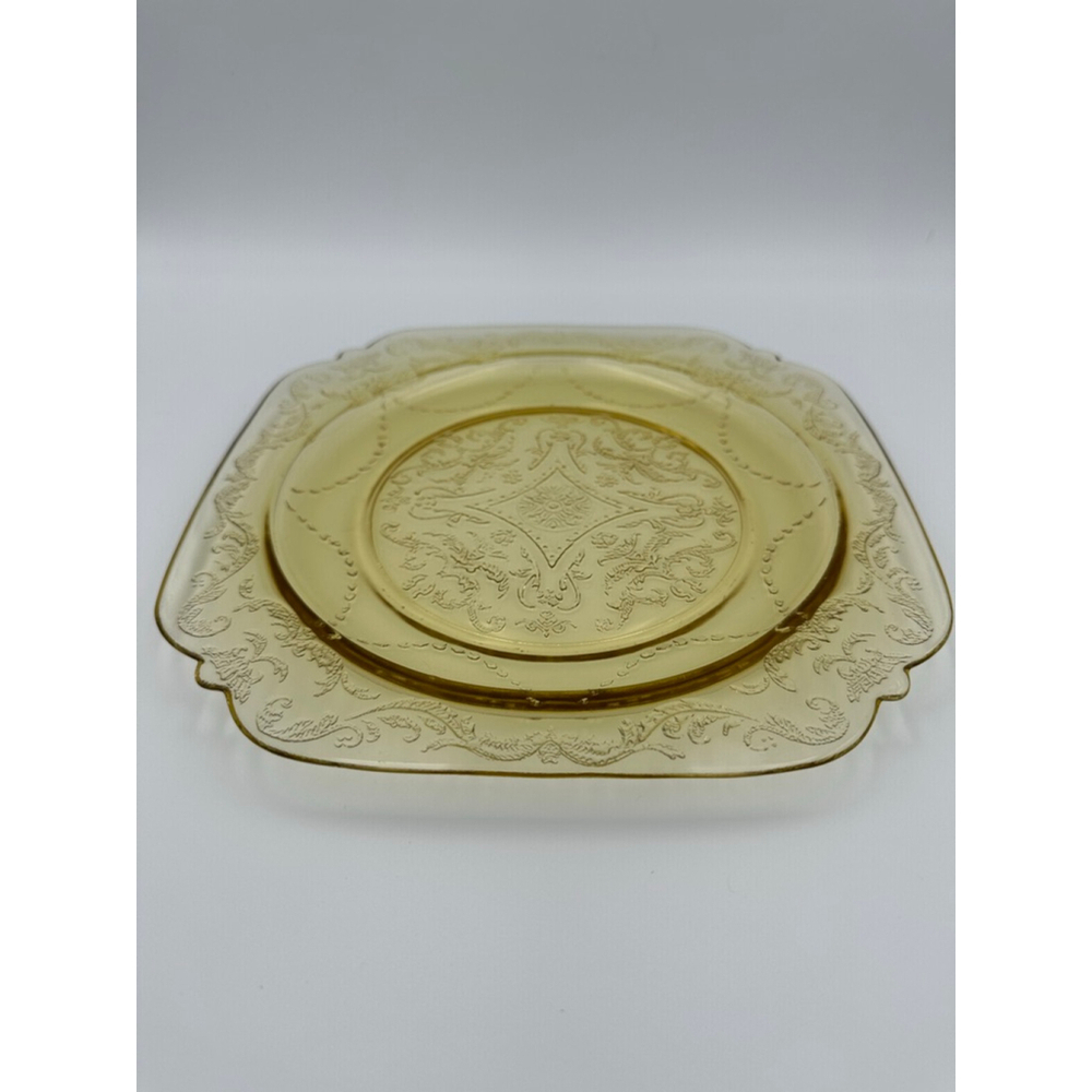 Lancaster Glass | 1930s Jubilee Etched Dinner Plate | Uranium Yellow | 9”